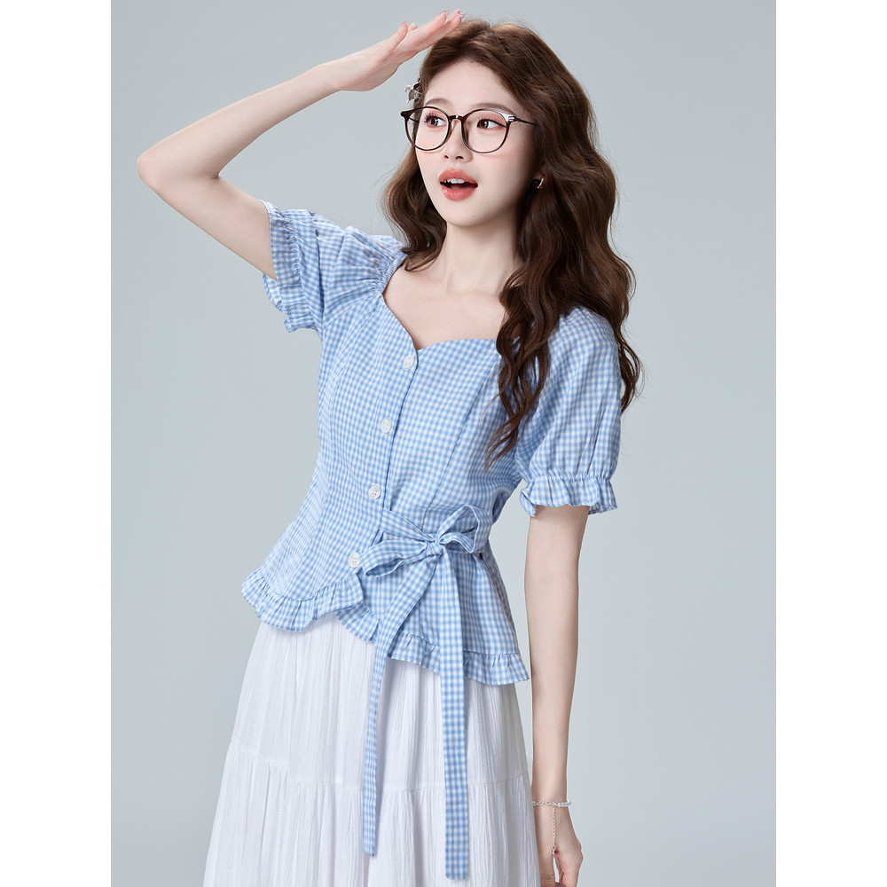 🔥 bm phong cách 🔥 có hàng sẵn mi tay ngắn nữ Hàn quốc retro 2026 eo Ngày phụ nữ Áo sơ mi cổ vuông kẻ sọc màu xanh, size lớn cho cô gái mũm mĩm, phù hợp mặc mùa hè