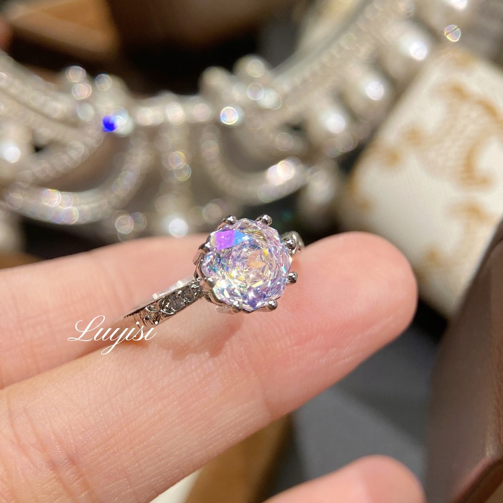 Nhẫn thời trang với aquamarine và đá quý carbon cao cấp, họa tiết hoa hồng và hình bát giác thủ công, màu xanh lá và tím rực rỡ