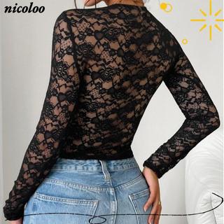 Áo Crop Top ren NICOLOO, Áo thun Bodycon màu trơn lưới hoa, phong cách Y2K xuyên thấu tay dài Slim Fit Tiệc tối Tee Hộp đêm Attire