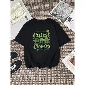 áo quần trẻ em, cổ tròn in clover, ngày hàng ngày, thoải mái thời trang, ngắn tay, đa mùa