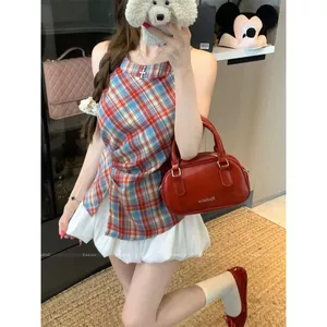 Milyfashion Ba Lê Phong Cách Mới Kẻ Sọc Đỏ Không Đều Dây Sling 2026 Phong Cách Mới Thắt Nút Dây Không Tay Top Y2K CIEM