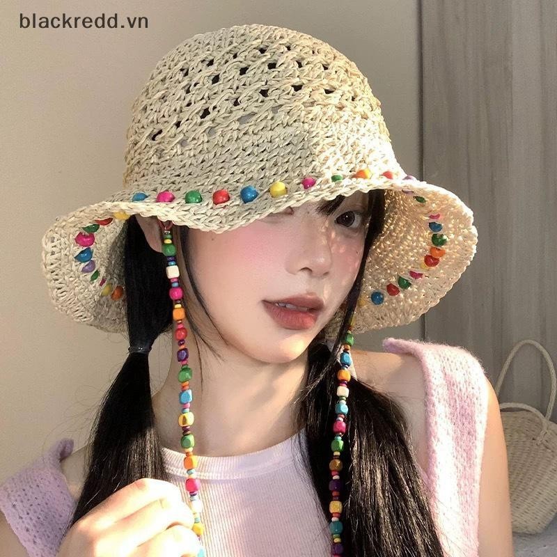 Mũ rơm hạt gỗ đầy màu sắc thời trang BRED dành cho nữ vào mùa hè với vành rỗng lớn Mũ chống nắng Mũ