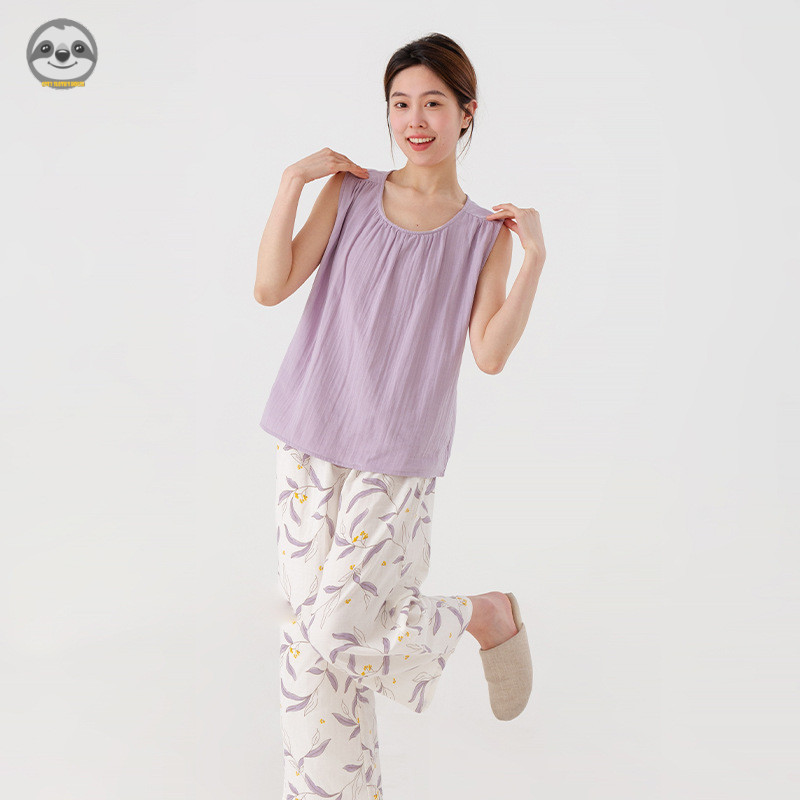 Bộ đồ ngủ không tay cổ tròn Cotton nguyên chất mùa hè dành cho nữ / Bộ đồ không tay cao cấp bằng sợi đôi / Mềm mại mát mẻ có thể mặc Quần dài đến mắt cá chân bên ngoài Bộ đồ ngủ