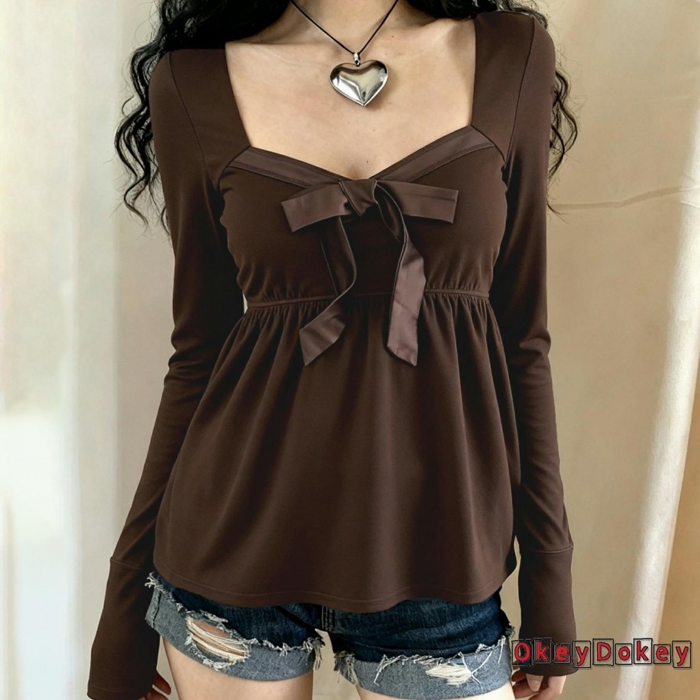 Áo thun Babydoll nữ dài tay nơ xếp ly - Thời trang dạo phố mùa thu