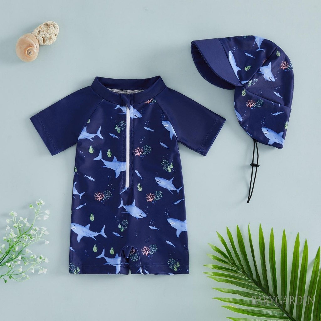 6M-4Y Bé Trai Tay Ngắn Nửa Dây Kéo Đồ Bơi Một Mảnh Có Mũ Chống Nắng Đi Biển Mùa Hè | Mặc họa tiết cá / khủng long / cây dừa