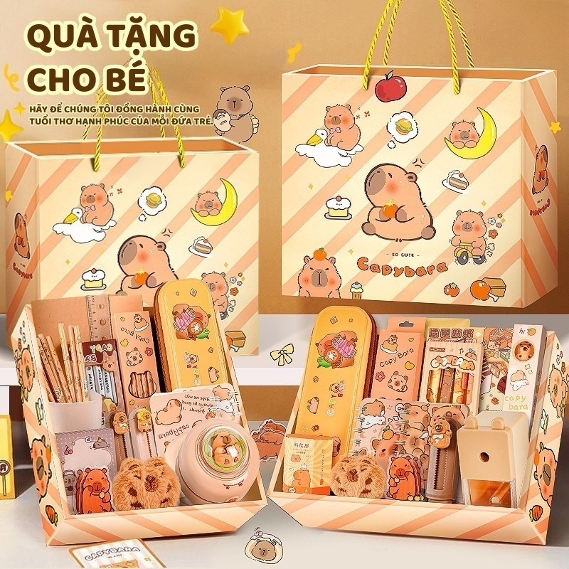 Hộp quà văn phòng phẩm cao cấp, bao gồm túi đựng bút và đồ dùng học tập có hình Capybara, quà 1/6 cho học sinh cấp 1