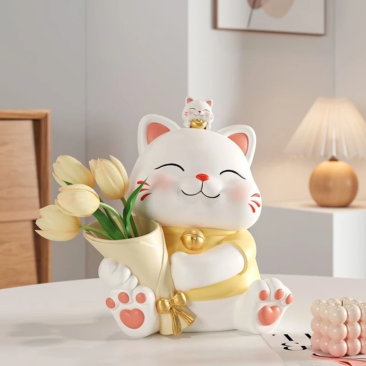 Mèo Thần Tài cầm hoa bình hoa decor đồ trang trí phòng khách đồ trang trí phòng ngủ đồ trang trí bàn làm việc đồ trang bàn học decor phòng khách hiện đại đồ decor bàn làm việc đồ trang để nhà home đồ 