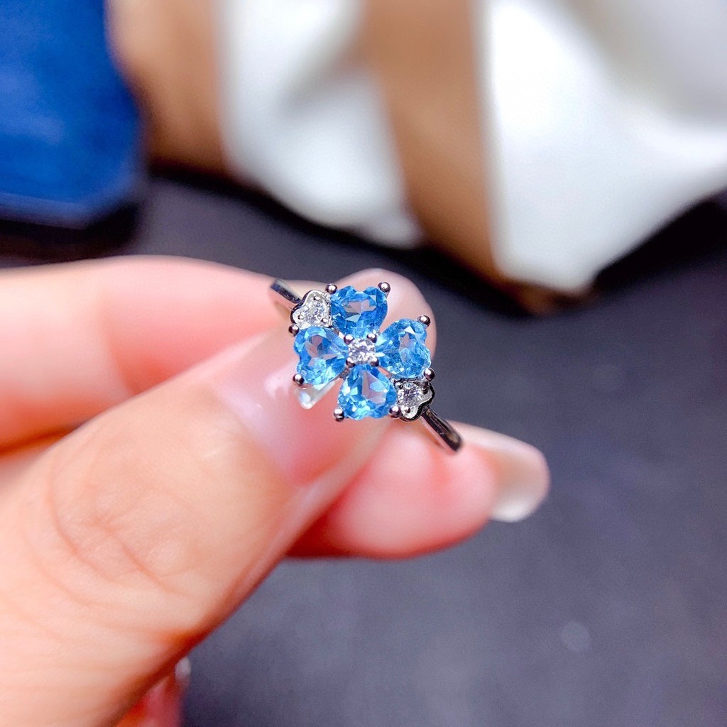Nhẫn cỏ ba lá bốn lá màu xanh topaz, thiết kế Thụy Sĩ, dễ điều chỉnh cho nữ