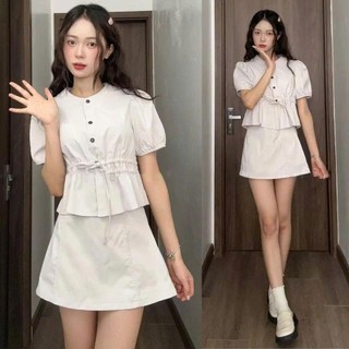 Set đồ nữ, Set áo croptop cổ tròn tay ngắn buộc eo kèm chấn váy chữ A có chun sau, Set chỉ nổi