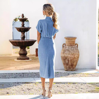 Váy áo sơ mi cổ chia xếp ly mỏng, sizeXL, phong cách châu Âu phù hợp giặt denim
