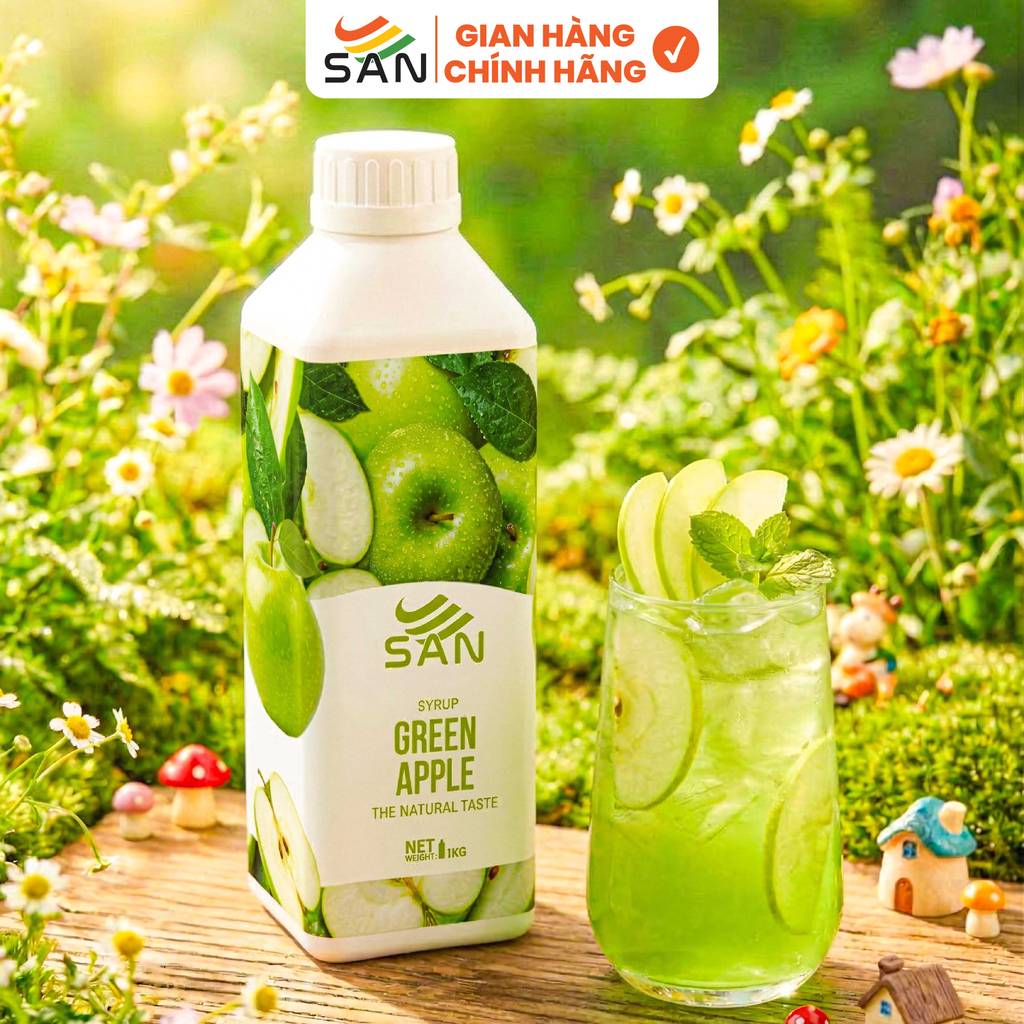 Syrup/siro TÁO XANH SAN Chai 1Kg, có mẫu thử 100ml, tặng công thức pha chế, hương thơm