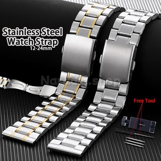 Dây đeo đồng hồ 3 hạt bằng thép không gỉ 12-24mm cho doanh nghiệp Dây đeo đồng hồ bền bỉ Báo chí đôi Khóa gấp phẳng Đồng hồ cổ tay để thay thế