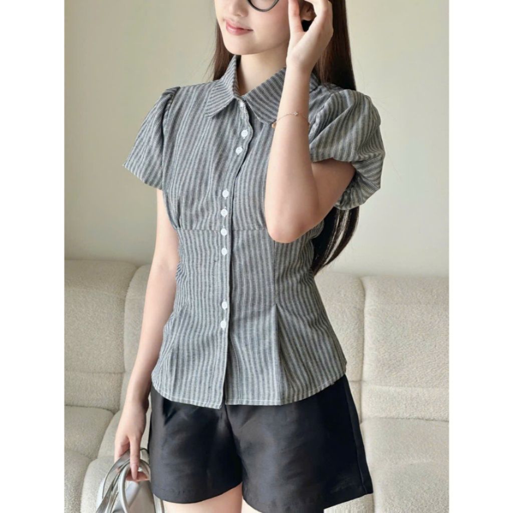 Áo kiểu babydoll kẻ chiết eo  - Sam Botique