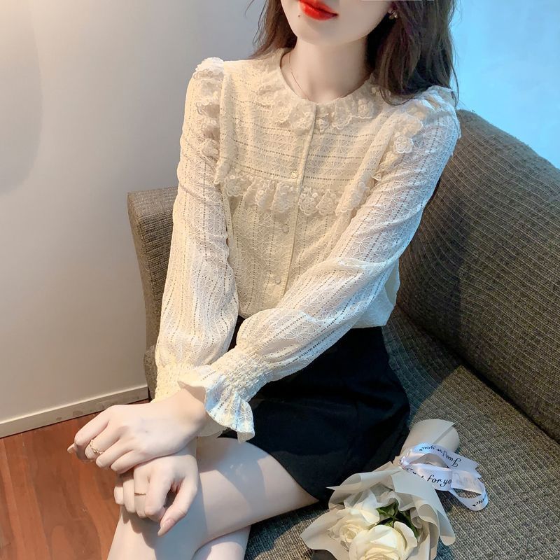 Áo sơ mi ren tay dài nữ, phong cách Hàn Quốc mới mùa thu, áo voan thanh lịch và thời trang, áo đa năng.
