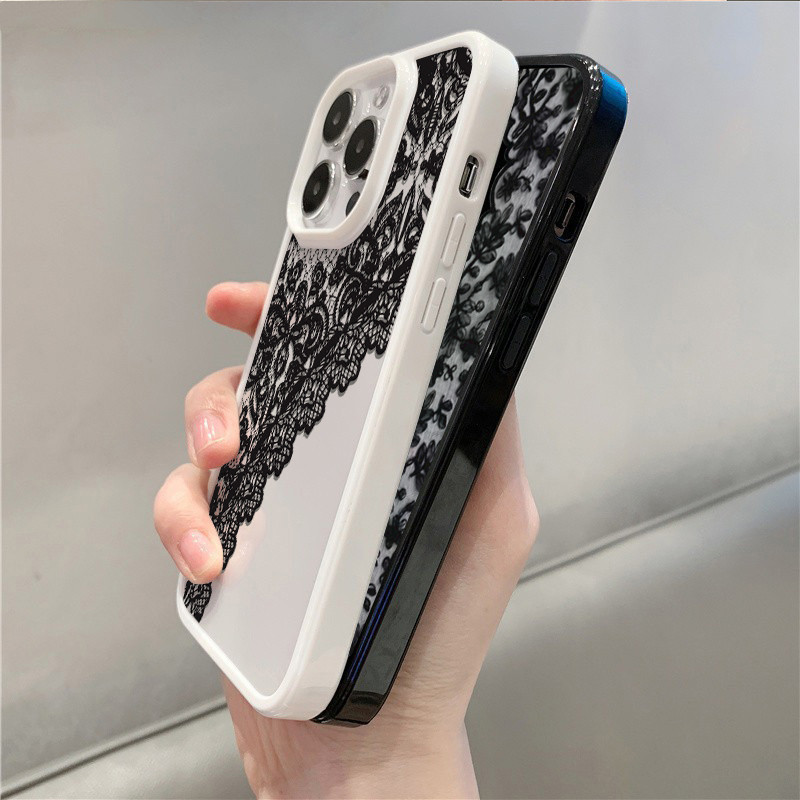 Ốp Lưng Cho iPhone 11 16 15 Pro 17 Max 16e 14 11 12 13 15 Pro XR XS Max X 7 8 Plus SE2022 Họa Tiết Ren Đen Trong Suốt Chống Sốc