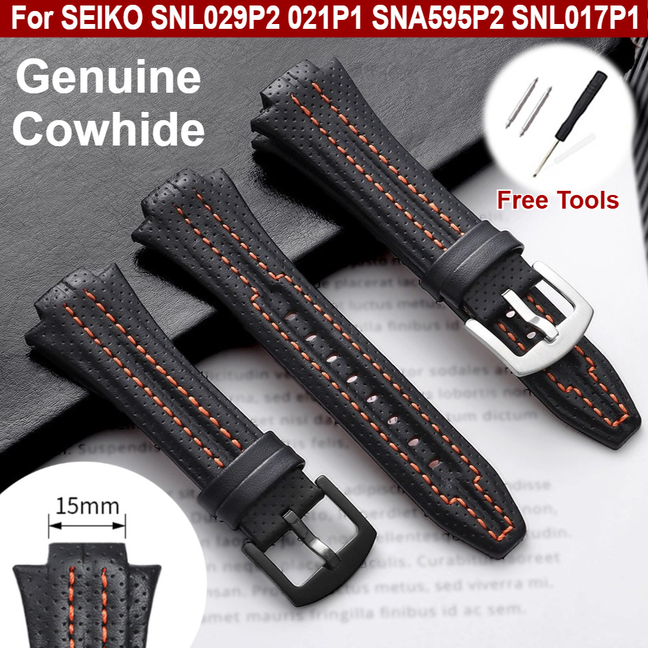 Dây đeo đồng hồ bằng da Top-Grain chính hãng 27x15mm cho SEIKO SNL029P2 021P1 SNA595P2 SNL017P1 – Vòng đeo tay đồng hồ da bò khâu màu cam, Nam nữ thể thao cổ điển