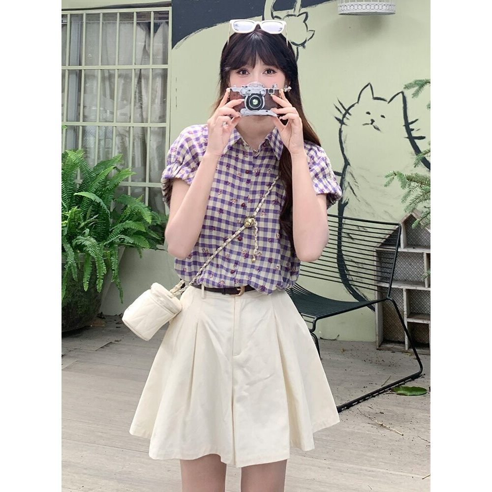 Mútô Áo sơ mi nữ retro kẻ sọc hoa ngắn tay mùa hè 2026 - Thiết kế mới mỏng nhẹ