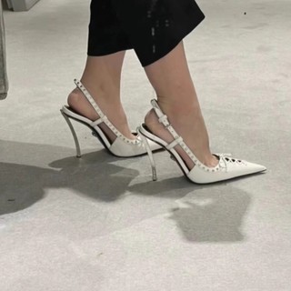 Mũi Nhọn Đinh Tán Giày Nữ Mùa Xuân Hè 2025 Mũi Che Lưng Dép Trống Stiletto Ren Cao Gót Thời Trang Sang Trọng Giày Đơn