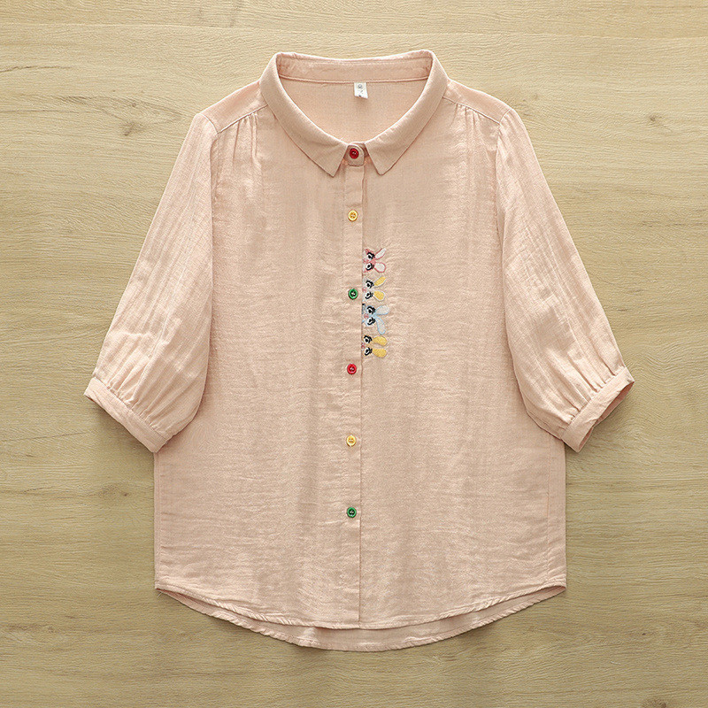 [Sẵn Sàng] Áo Sơ Mi Nữ Sợi Cotton Cao Cấp Mùa Hè Placket Thêu Hình Thỏ Tay Ngắn