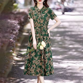 Váy nữ dáng dài vừa phải, chất liệu cotton-linen, kiểu dáng mùa hè mới, cổ áo búp bê, giúp trẻ trung, phong cách giản dị