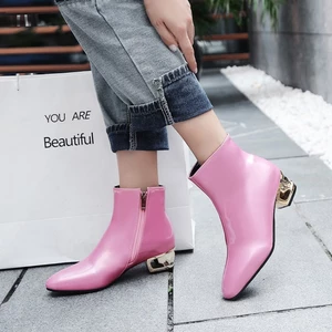 VNMZG34-39 Kích Thước Lớn Bằng Sáng Chế Mạ Da Gót Giày Bốt Thời Trang Ống Ngắn Mũi Nhọn Bên Dây Kéo Giày Thời Trang