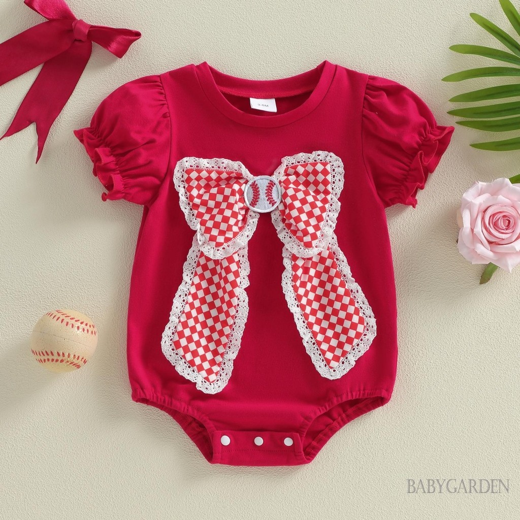 Bé Gái Mùa Hè Áo Liền Quần Tay Ngắn Thêu Bóng Chày Nơ Body Sơ Sinh Playsuit Cho Năm Mới