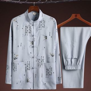 Hàng sẵn có Vận chuyển nhanh Quần áo nam Tết Nguyên Đán Xuân Hè Dài tay Đường Phù hợp với nam Bộ đồ thường ngày Phong cách Trung Quốc Áo sơ mi người cao tuổi trung niên Bộ đồ bố Quần áo ông nội Hanfu 40-100kg w01