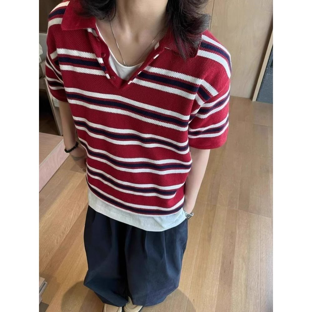 Áo Thun Retrô Sọc Đại Học, Short Sleeve, Nam Nữ, Màu Sắc Tương Phản, Thời Trang Mùa Hè