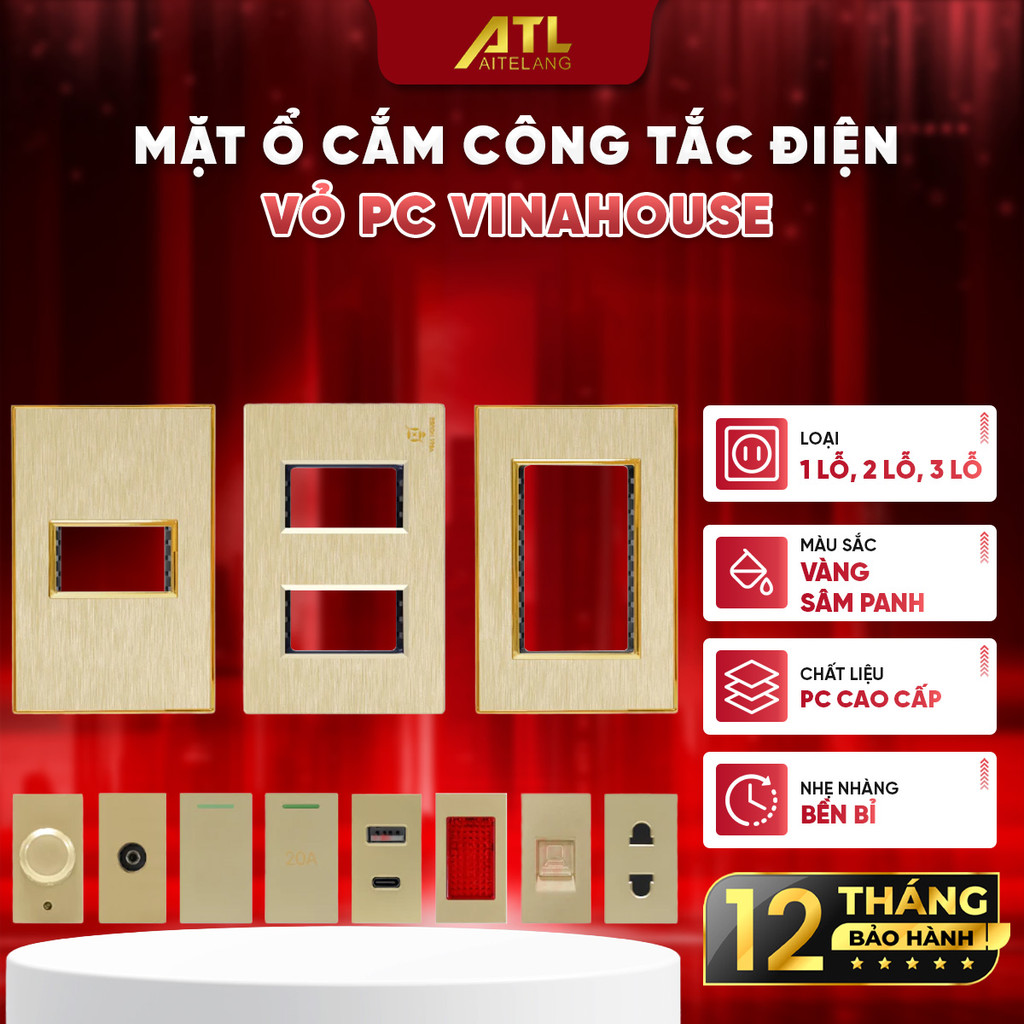 Mặt ổ cắm công tắc điện VinaHouse, vỏ nhựa PC vàng sâm panh viền vàng, bền đẹp, dễ lắp đặt