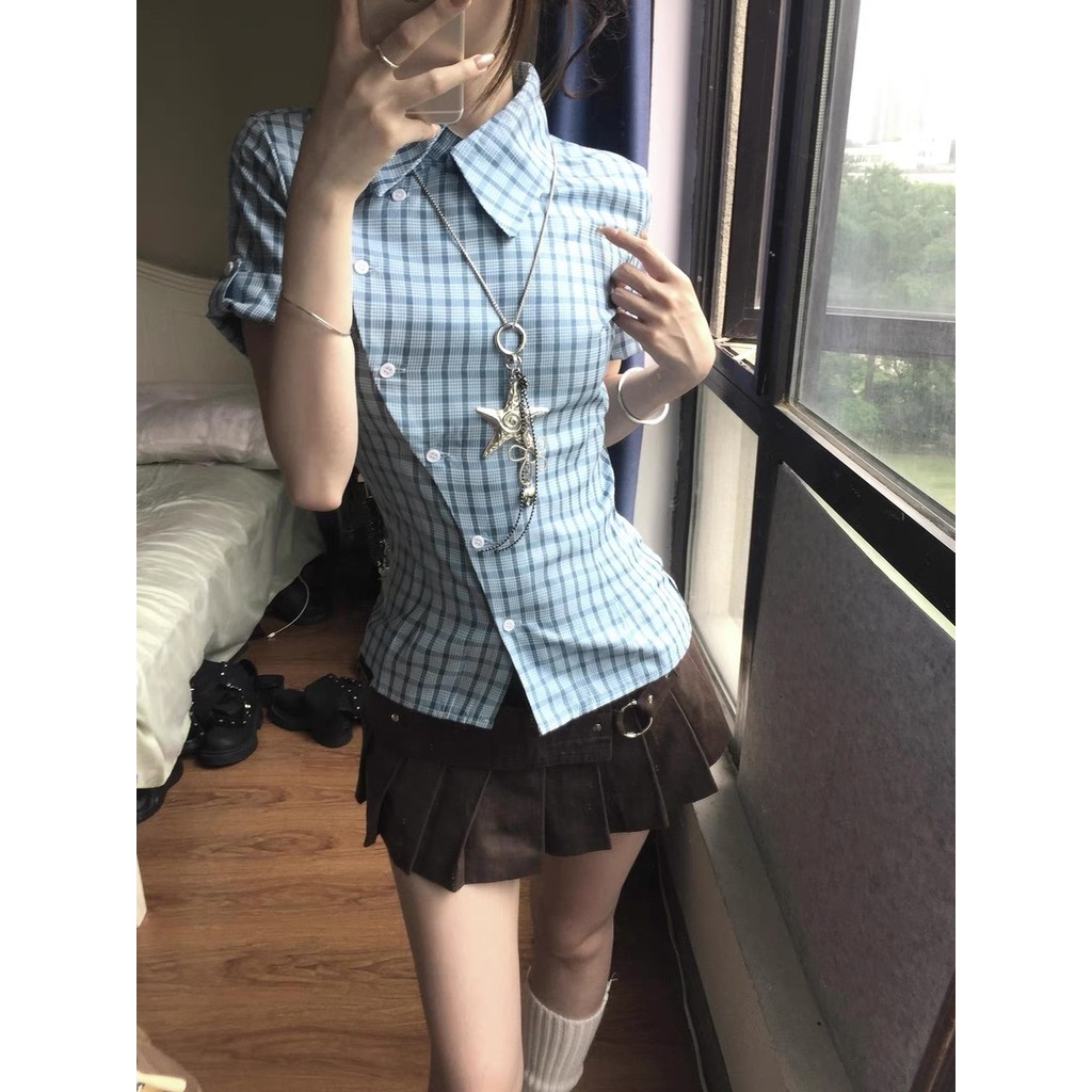 SUXI Áo sơ mi ngắn tay kẻ sọc nhẹ nhàng và giản dị cho nữ 260128