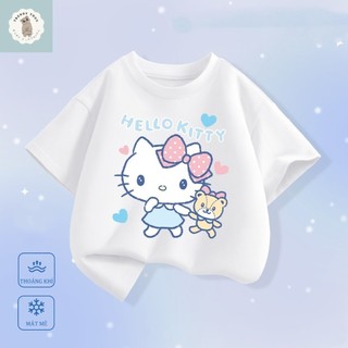 Áo thun mỏng cổ tròn kiểu Mỹ, thoải mái, in hình Hello Kitty của Sanrio dành cho bé gái, một mặt.