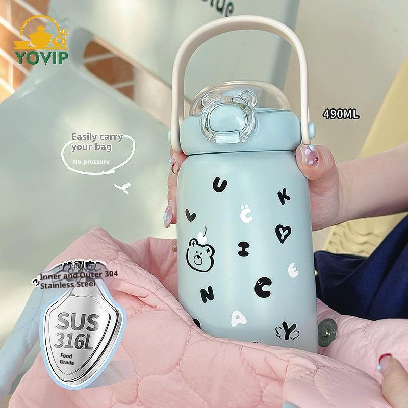 YOVIP Trẻ Em Bình Giữ Nhiệt Bằng Thép Không Gỉ Ống Hút Dễ Thương Ấm Siêu Tốc Di Động Thiết Kế Đơn Giản Bình Nước Thép 304 Cho Trẻ Em VN
