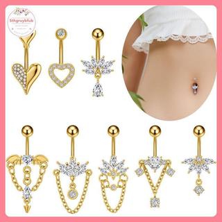 Sản phẩm nhẫn bụng nút pha lê thời trang zircon hình trái tim, phù hợp với nữ và bé gái, thiết kế xuyên inox đẹp mắt