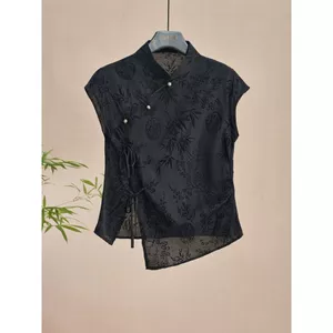 Áo sơ mi sườn xám phong cách dân tộc Trung Quốc retro, jacquard đen, vai áo thun ngắn tay, phù hợp mùa hè