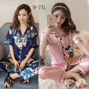 Quần Ngắn Tay Phù Hợp Với Ice Silk Ve Áo Bộ Đồ Ngủ Giả Lụa Mùa Xuân Mỡ Kích Thước 100kg Cardigan Cặp Đôi M-7XL