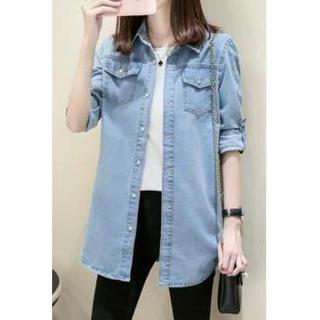 Áo sơ mi denim dáng ôm vừa vặn, dài vừa phải, cỡ lớn, có sẵn cho nữ, áo mặc mùa thu, áo sơ mi dài tay, áo khoác nữ.