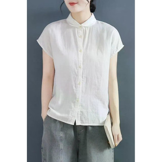 Áo sơ mi nữ dáng rộng, ngắn tay, chất liệu vải lanh cotton