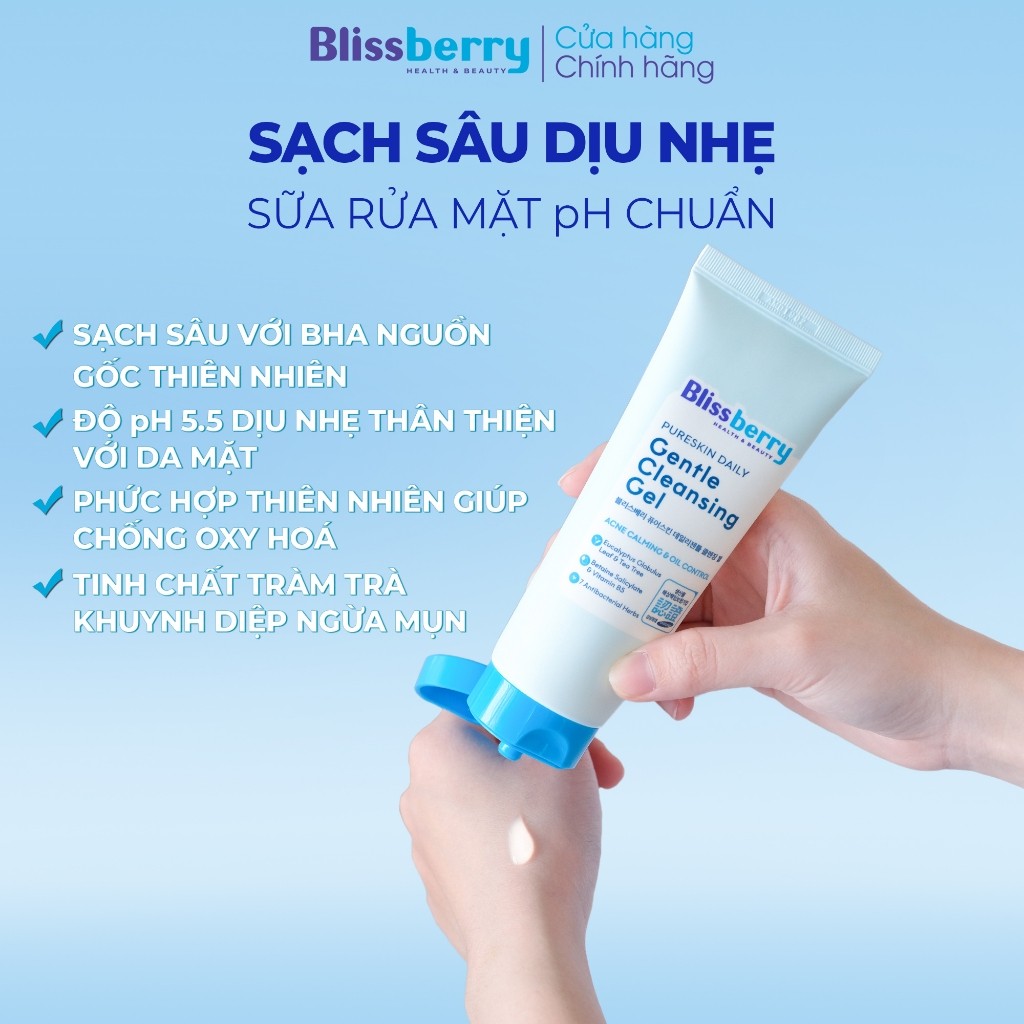 Sữa Rửa Mặt BHA pH 5.5 Dịu Nhẹ Giảm Mụn Kết Hợp B5 Duy Trì Độ Ẩm Blissberry Daily Gentle Cleansing Gel 100ml