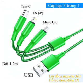 Dây Cáp sạc  bọc dù 3 trong 1 đa năng nhiều màu sắc / dài 1.2m . Dùng cho nhiều dòng điện thoại  - Hàng sẵn kho