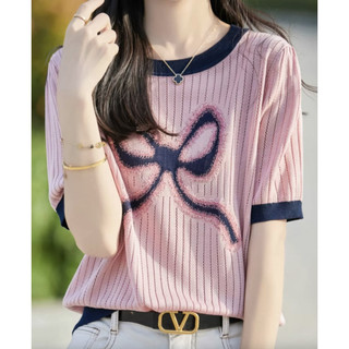 Áo dệt kim ngắn tay nữ mùa hè mỏng lụa băng đơn giản ~
