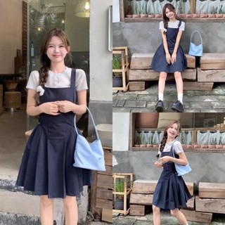 Set Áo Giấy Trắng Mix Yếm Kaki Xanh Than Túi Bên Rút Dây Dáng Xoè Siêu Xinh, Set Áo Yếm Tiểu Thư