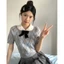 Áo len dệt kim cổ polo phối nơ họa tiết kẻ caro phong cách tiểu thư XIMIMI SP434