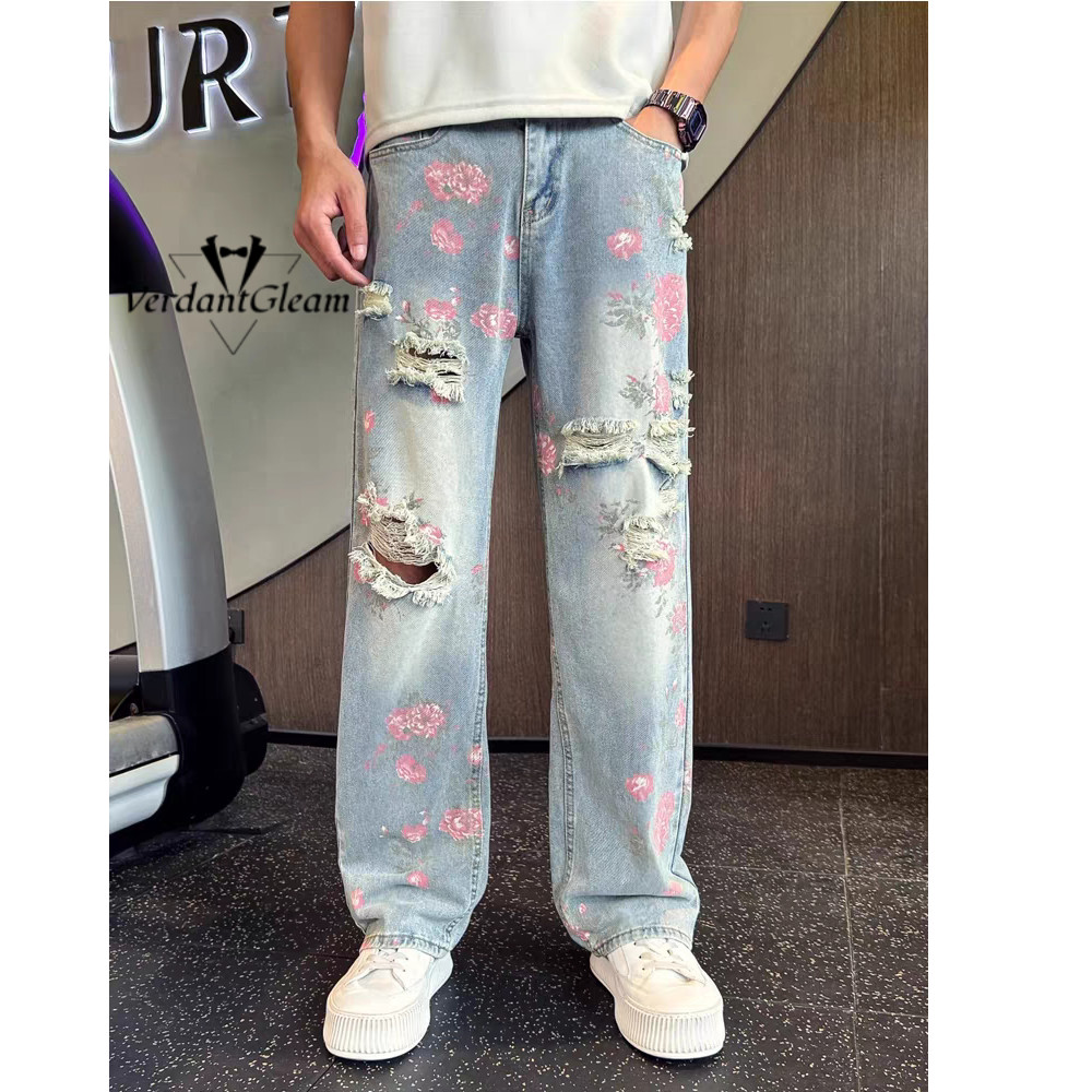 Quần Jean Nam Mùa Hè Phong Cách High Street, Thiết Kế Rách và Hoa Hồng