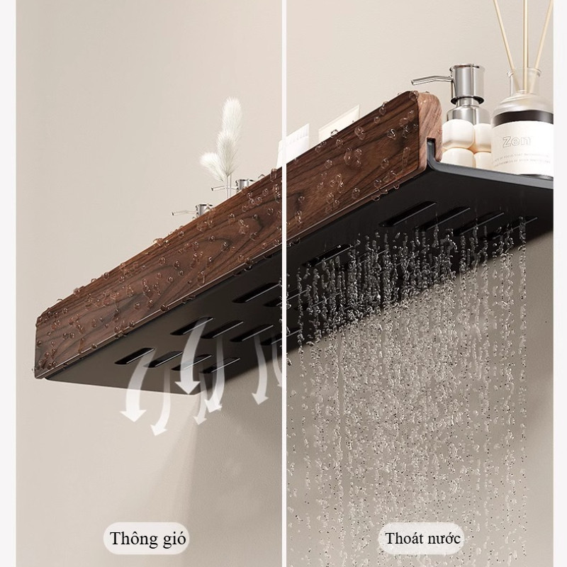 Kệ để đồ nhà tắm gỗ óc chó, giá đựng mỹ phẩm treo tường chống gỉ sét, chịu lực siêu bền
