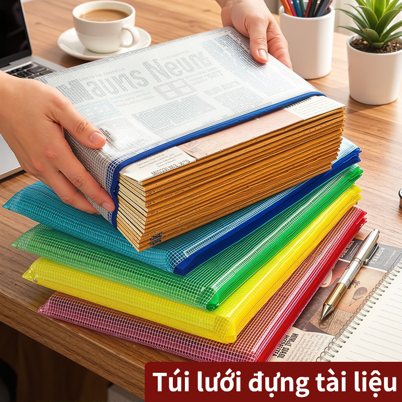 Túi đựng tài liệu chống thấm nước A4 có khóa kéo và túi lưới, bộ túi đựng tài liệu cho học sinh