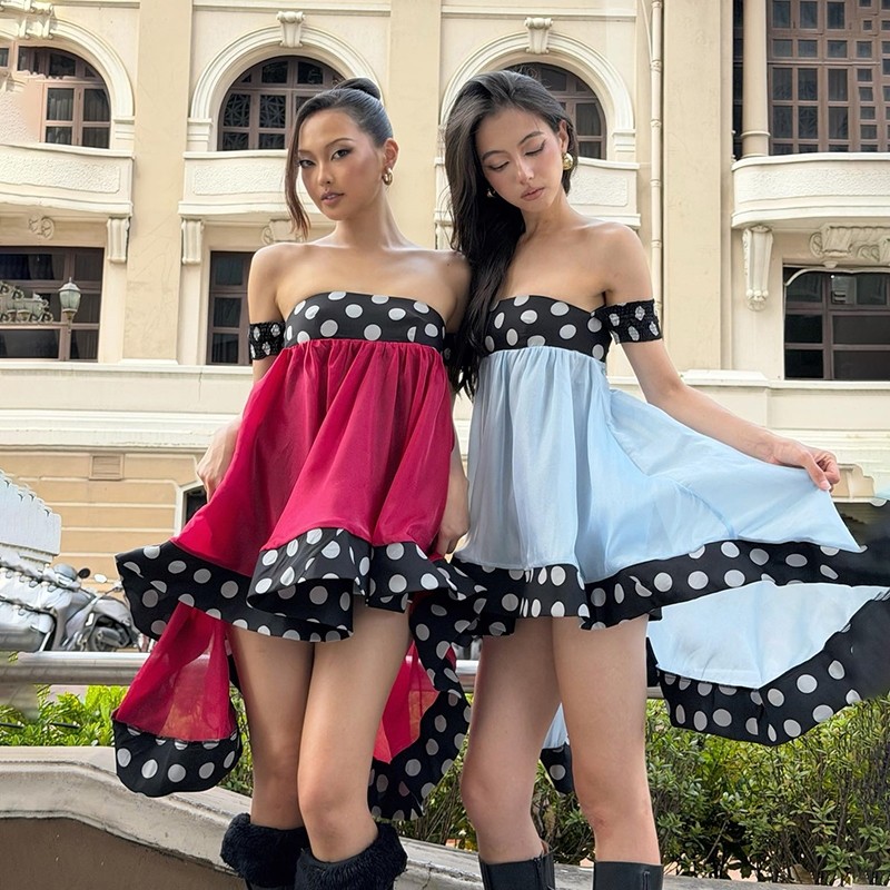 Klalien Xù Không Đều Viền Đầm Nữ Ngọt Ngào Chấm Bi In Chắp Vá Slash Cổ Không Tay Lưng Thanh Lịch Sang Trọng Bodycon
