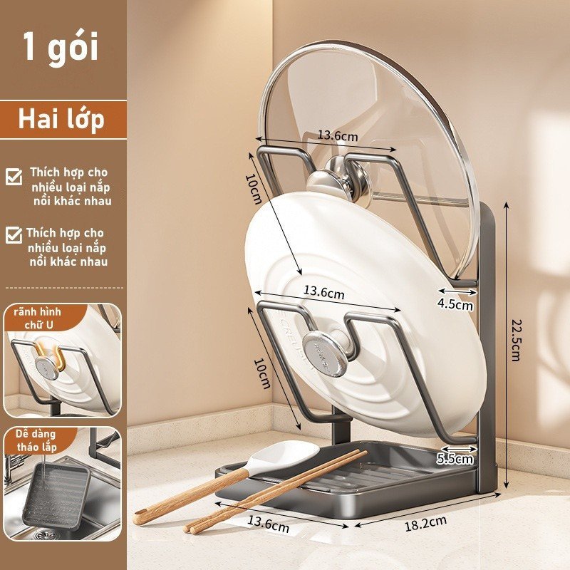 Giá đựng nắp nồi thép carbon chống gỉ 1 2 tầng khay hứng nước giải phóng không gian bếp gọn gàng