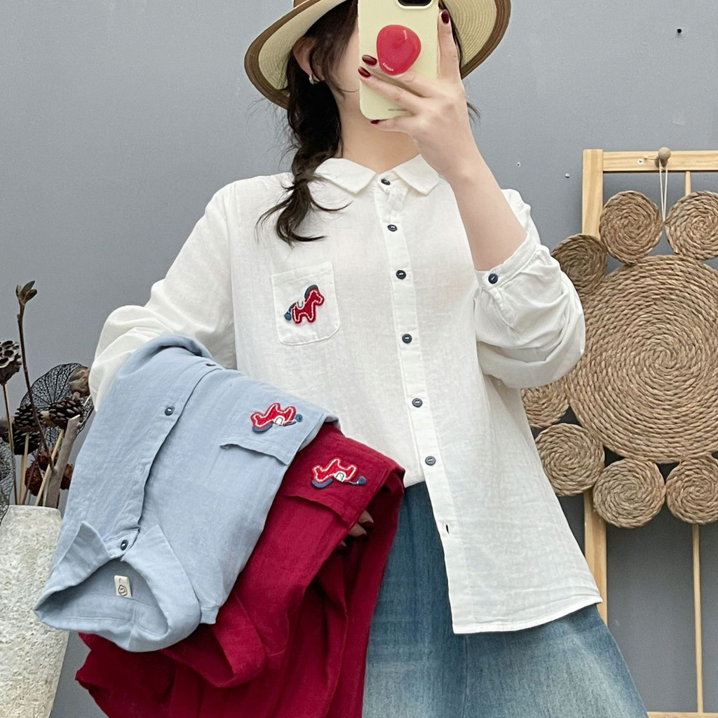 [Hàng có sẵn] Áo sơ mi nữ 100% cotton chất lượng cao, retro art, thiết kế thoải mái với túi và chi tiết thêu pony