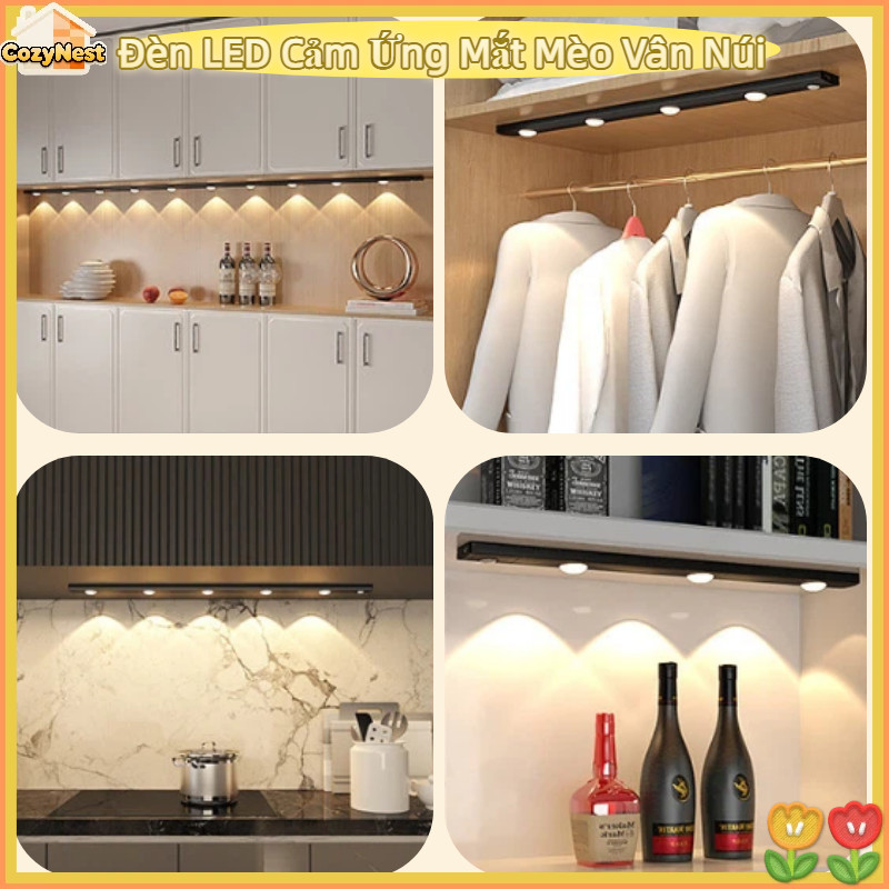 Đèn LED Cảm Ứng Mắt Mèo Vân Núi - Sạc Pin, Không Cần Khoan, Tự Động Bật/Tắt Cho Tủ Bếp & Phòng Ngủ