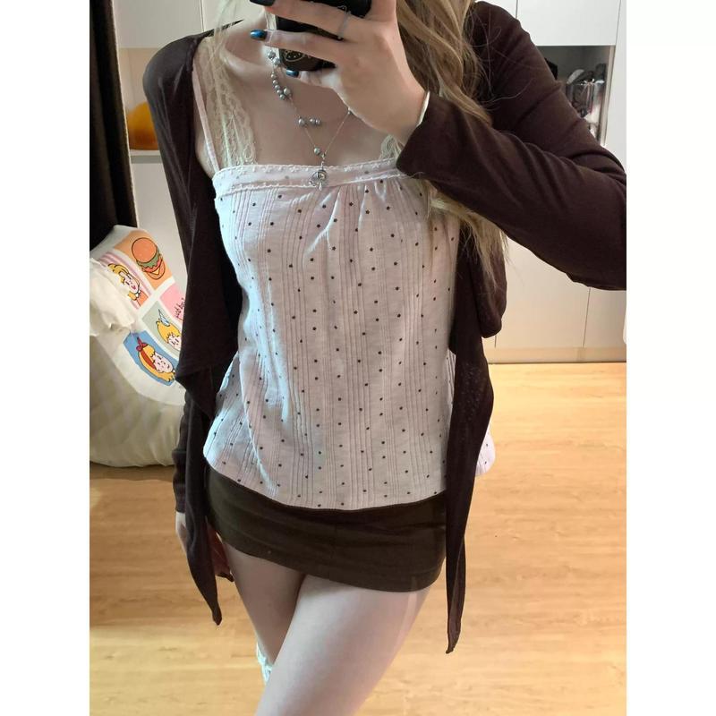 [Bộ đồ hai mảnh chấm bi nâu hồng] Mùa xuân hè phong cách Hàn Quốc nhẹ nhàng, áo len cardigan nữ